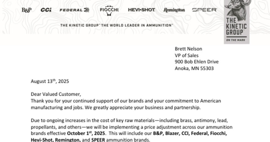 Kinetic Group Announces Ammo Price Hikes Across All Brands Starting October
