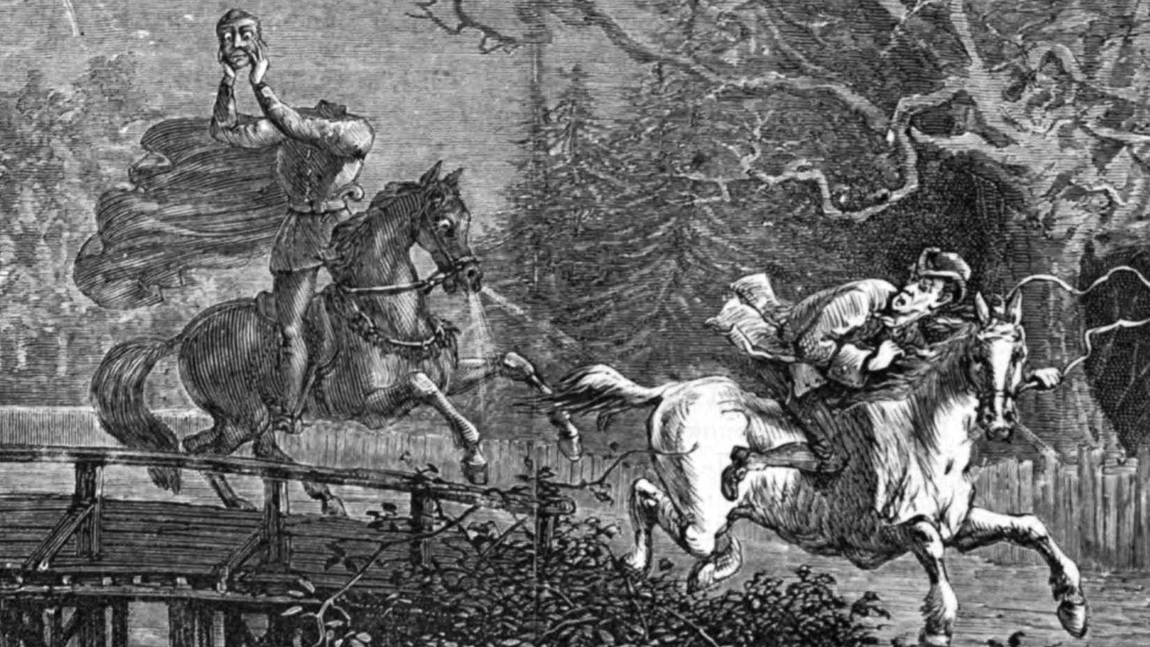 Black-and-white illustration showing the Headless Horseman pursuing Ichabod Crane on horseback through Sleepy Hollow.